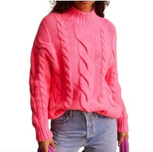 Anthropologie Cable Knit Mock Neck Sweater Petite XS Oversized in Pink